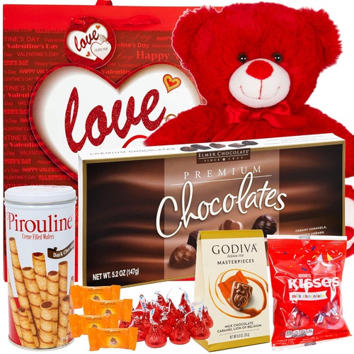  Meet Novelty Valentines Day Gift Basket Set | Teddy Bear Plush(COLOR VARYS), Hershey Kisses, Pirouline Wafers, Elmer Sampler Chocolate, Godiva Caramel Milk Candies, V-Day Gift Bag For Her Wife