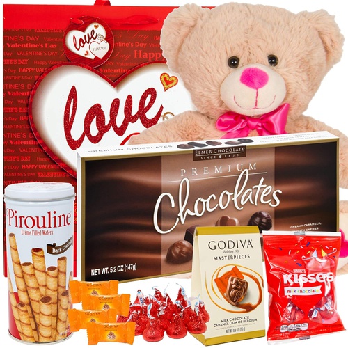  Meet Novelty Valentines Day Gift Basket Set | Teddy Bear Plush(COLOR VARYS), Hershey Kisses, Pirouline Wafers, Elmer Sampler Chocolate, Godiva Caramel Milk Candies, V-Day Gift Bag For Her Wife