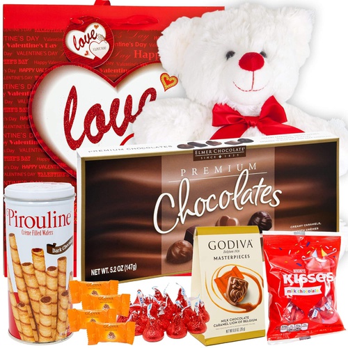  Meet Novelty Valentines Day Gift Basket Set | Teddy Bear Plush(COLOR VARYS), Hershey Kisses, Pirouline Wafers, Elmer Sampler Chocolate, Godiva Caramel Milk Candies, V-Day Gift Bag For Her Wife