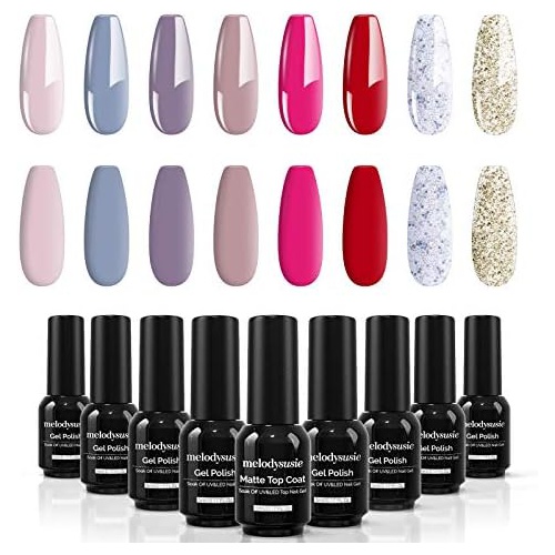  MelodySusie Gel Nail Polish Kit with No Wipe Base and Glossy & Matte Top Coat, Soak Off UV/LED Nail Polish Gel Nail Art Salon Nail Starter Gel Manicure Kit Best Gift Set (Morandi R