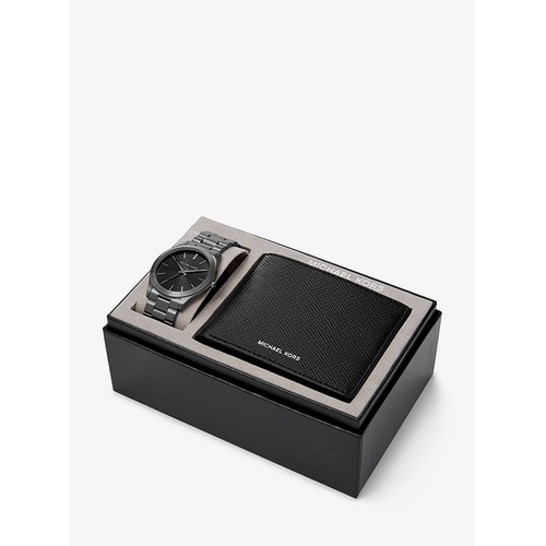 마이클코어스 Michael Kors Oversized Slim Runway Gunmetal Watch And Jet Set Charm Leather Wallet Gift Set