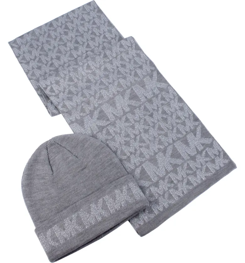 Michael Kors Metallic Logo Beanie & Scarf Set_PEARL HEATHER GREY