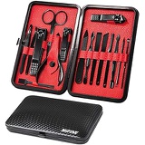 Mens Manicure Set - Mifine 16 In 1 Stainless Steel Professional Pedicure Kit Nail Scissors Grooming Kit with Black Leather Travel Case Second Generation(Red)
