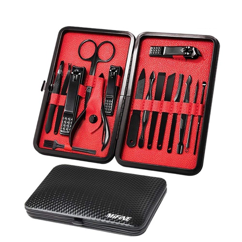  Mens Manicure Set - Mifine 16 In 1 Stainless Steel Professional Pedicure Kit Nail Scissors Grooming Kit with Black Leather Travel Case Second Generation(Red)