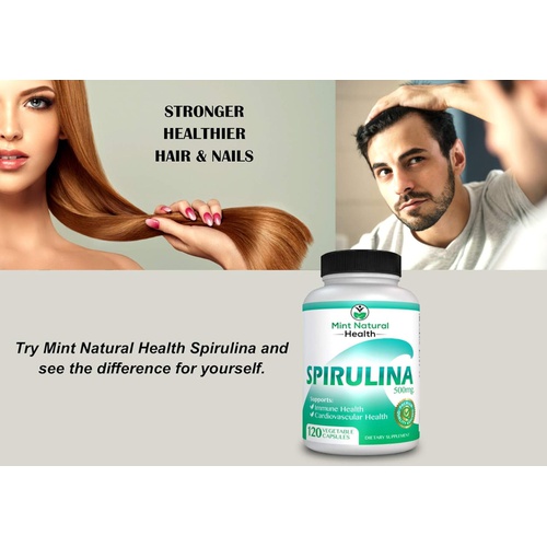  Mint Natural Health Spirulina Superfood, High In Protein, Iron And B Vitamins - 120 x 500mg Vegan, Non-GMO, Powder Veggie Capsules