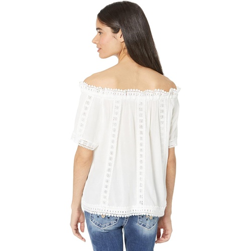 Miss Me Off Shoulder Lace Inset Woven Top