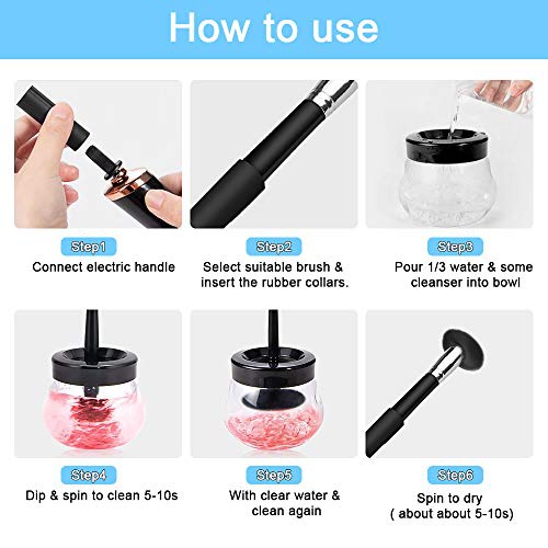  Mixigoo Makeup Brush Cleaner Dryer - Electric Spinner Cleaner Super Fast with 8 Rubber Collars Tools Suitable for Most Makeup Brushes (White) (Black)