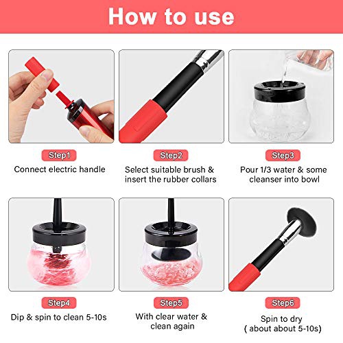  Mixigoo Makeup Brush Cleaner Dryer - Electric Spinner Cleaner Super Fast with 8 Rubber Collars Tools Suitable for Most Makeup Brushes (White) (Black)