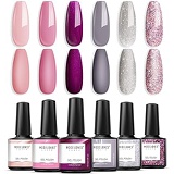 Modelones Gel Nail Polish Winter Holiday 6PCS Grey Pink Gel Polish Kit, 10ml Gel Nail Set Top and Base Coat LED Nail Lamp Needed Nail Gel Ideal for Nail Salon and Home Use with Gift Box by M