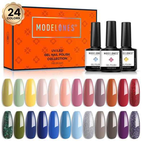  Modelones 24 Colors Gel Nail Polish Set Fall Winter into Spring Colors Holiday Collection Glitter Nude Pink Yellow Blue Gel Polish Soak Off Nail Gel Polish Starter Kit Nail Art New