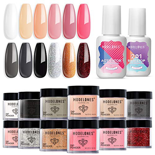  Modelones Dip Powder Nail Kit Starter-12 Colors French Style Dipping Powder with Base Top Coat 2 in 1 Set, Essential Manicure Nail Art System No Lamp Needed