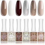 Modelones Gel Nail Polish Holiday Fall Winter Gel Polish 6 PCS 10ML White Nude Glitter Brown Gold Burgundy Soak Off Nail Gel Polish Gel Top Coat Base Coat LED Nail Lamp Needed Gel Polish Kit