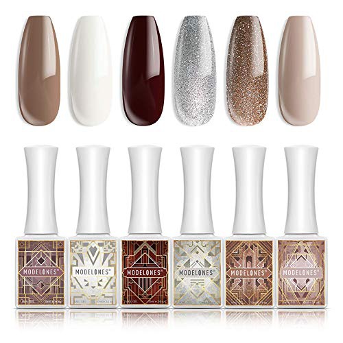  Modelones Gel Nail Polish Holiday Fall Winter Gel Polish 6 PCS 10ML White Nude Glitter Brown Gold Burgundy Soak Off Nail Gel Polish Gel Top Coat Base Coat LED Nail Lamp Needed Gel Polish Kit