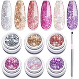 Modelones Gel Nail Polish Set + Painting Pen, 6 Color Glitter Gel Soak Off UV LED Super Platinum Glitter Nail Polish, Gold Pink Purple Orange Sliver White, Nail Manicure Set With G