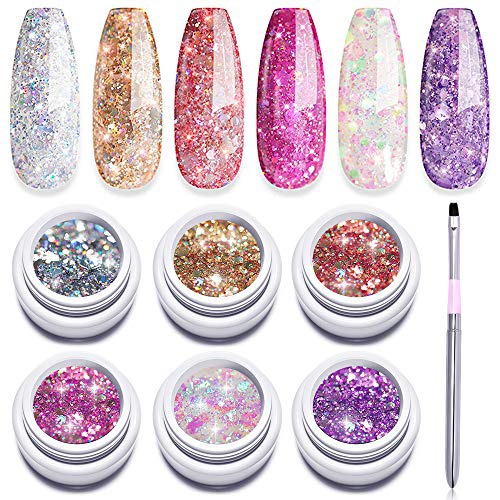  Modelones Gel Nail Polish Set + Painting Pen, 6 Color Glitter Gel Soak Off UV LED Super Platinum Glitter Nail Polish, Gold Pink Purple Orange Sliver White, Nail Manicure Set With G