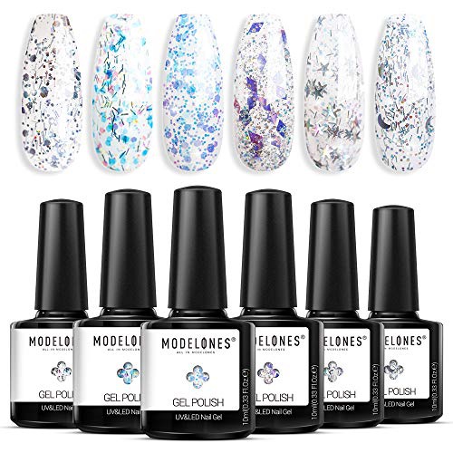  Modelones Glitter Gel Nail Polish, Holiday Fall Winter Clear Sparkle Diamond Shiny Silver Galaxy Crystal Transparent Gel Polish Set, Nail Gel with Glitter Sequins, LED Soak Off Man