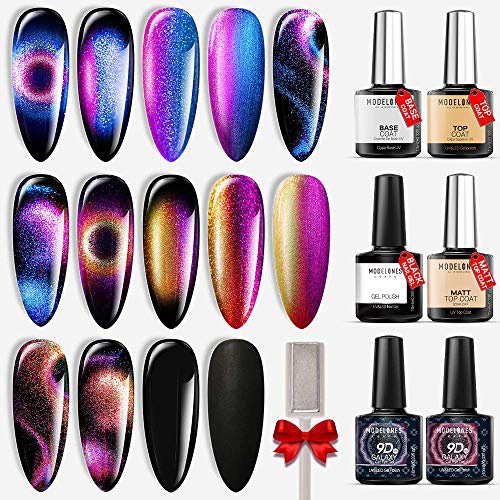  Modelones Gel Nail Polish- 9D Cat Eye Gel Polish Chameleon Magnetic Glitter Black LED Nail Gel Polish Base Matte Top Coat Gel Top Coat with Gift Box for Nail Art Manicure Use at Ho