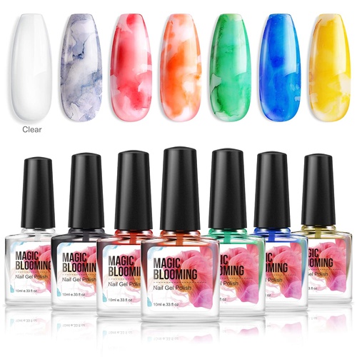  Modelones Blooming Gel Nail Polish, Nail Ink, Magic Watercolor Blossom Nail Varnish Art Flower Marble Autumn Design Manicure, Watercolor Alcohol, Red Orange 7 Colors 10ml each