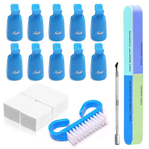  Modelones Nail Polish Remover Clips Cap 10 Pieces, Lint-free Cotton Pad (150 Pcs), 7 Ways nail File Buffer, Manicure Tool Nail Brush Cuticle Pusher Stainless Steel Material