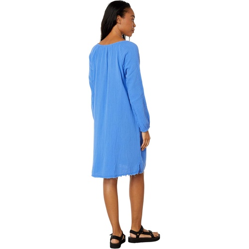  Mod-o-doc Double Layer Gauze 3u002F4 Shirred Sleeve Notch Neck Dress