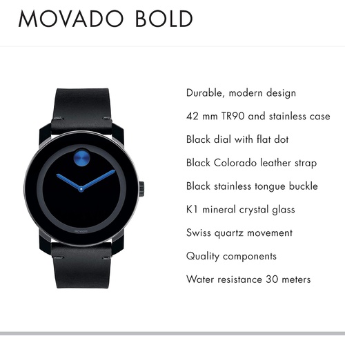  Movado Mens BOLD TR90 Watch with Sunray Dot and Leather Strap, Black/Blue (Model 3600307)
