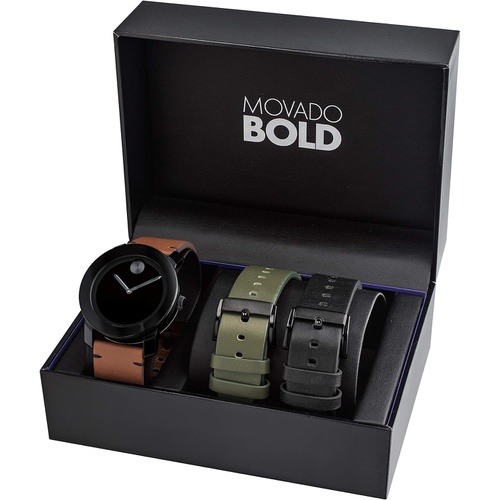  Movado Bold, Stainless Steel Case, Black Dial, Cognac Leather Strap Set, Men, 3600600