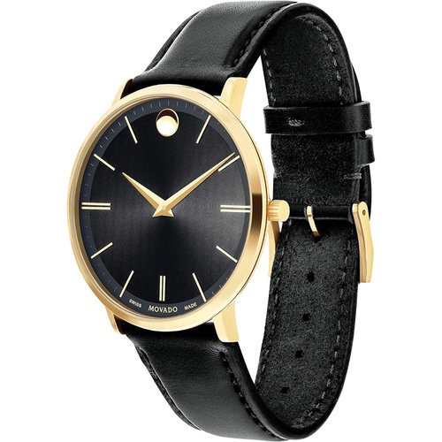  Movado Mens Ultra Slim Yellow Gold Watch with a Printed Index Dial, Black/Gold (Model 607087)