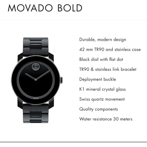  Movado Mens BOLD TR90 Watch with a Sunray Dot Black Dial, Black/Grey (Model 3600047)