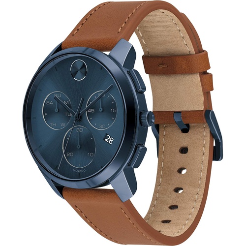  Movado Mens Stainless Steel Swiss Quartz Watch with Leather Strap, Cognac, 21 (Model: 3600630)