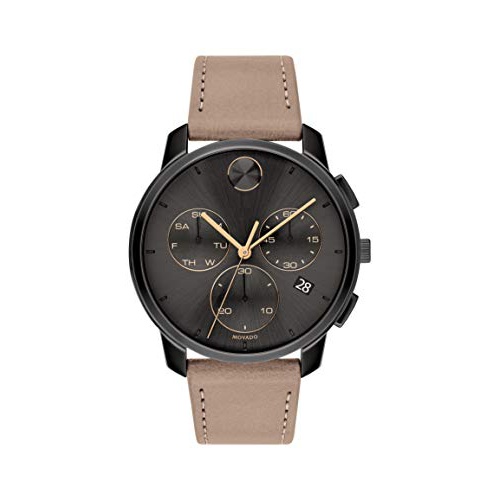  Movado Mens Stainless Steel Swiss Quartz Watch with Leather Strap, Taupe, 21 (Model: 3600719)