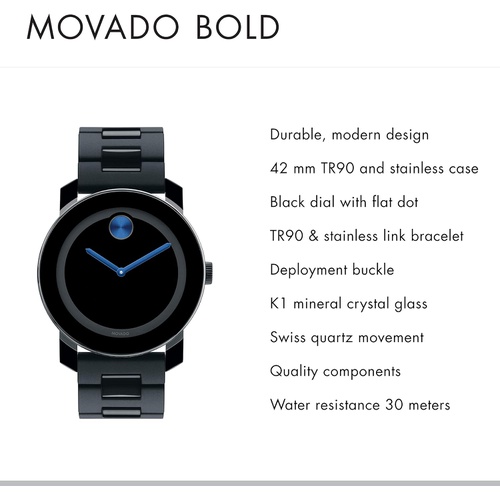  Movado Mens BOLD TR90 Watch with a Sunray Dot Black Dial, Black/Blue (Model 3600099)