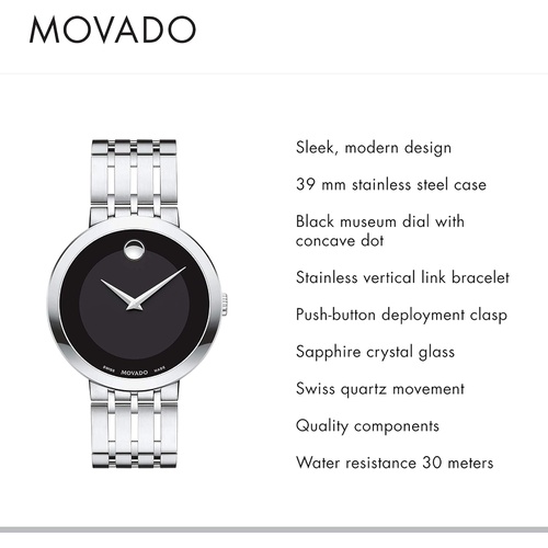  Movado Mens Esperanza Stainless Steel Watch with a Concave Dot Museum Dial, Silver/Black (607057)