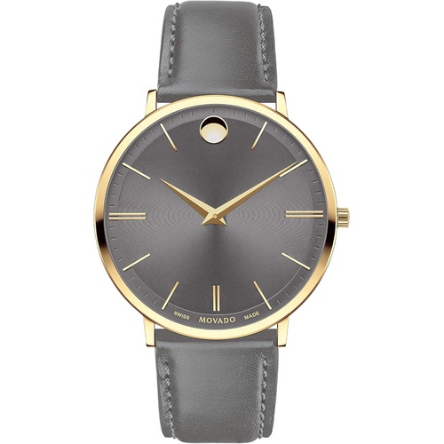  Movado Mens Ultra Slim Yellow Pvd Case with a Grey Dial on a Grey Calfskin Strap (Model:0607376)