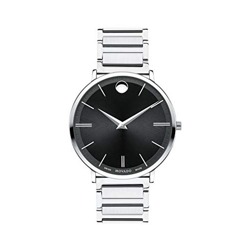  Movado Mens Ultra Slim Stainless Steel Watch with a Printed Index Dial, Black/Silver (Model 607167)