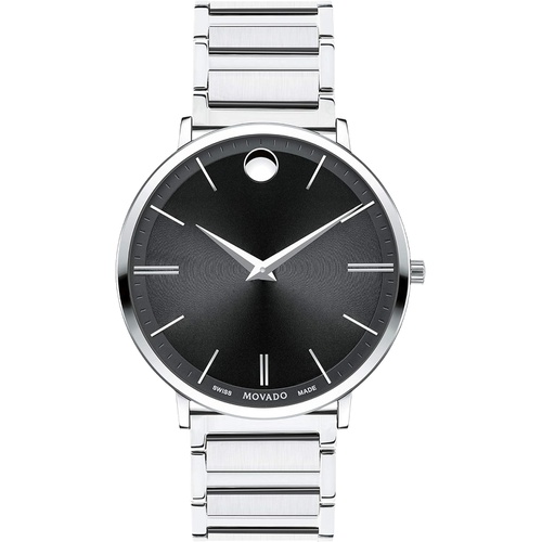  Movado Mens Ultra Slim Stainless Steel Watch with a Printed Index Dial, Black/Silver (Model 607167)