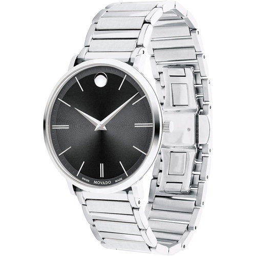  Movado Mens Ultra Slim Stainless Steel Watch with a Printed Index Dial, Black/Silver (Model 607167)