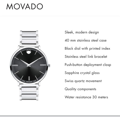  Movado Mens Ultra Slim Stainless Steel Watch with a Printed Index Dial, Black/Silver (Model 607167)