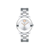 Movado Womens BOLD Iconic Metal Stainless Watch with a Flat Dot Sunray Dial, Silver/Grey (3600433)