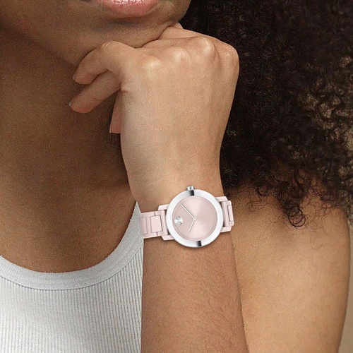  Movado Womens Stainless Steel & Ceramic Swiss Quartz Watch Strap, Blush, 16 (Model: 3600709)