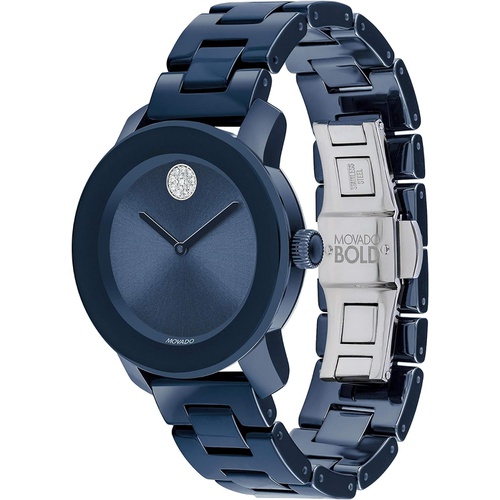  Movado Womens Stainless Steel & Ceramic Swiss Quartz Watch Strap, Blue, 18 (Model: 3600756)