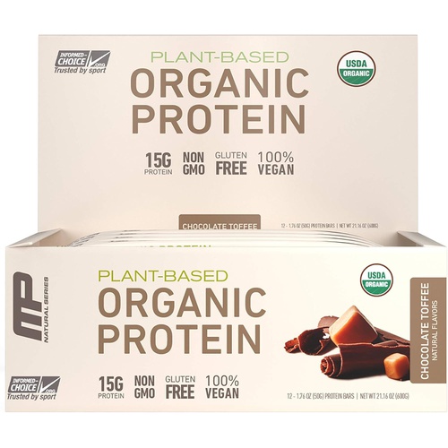  MusclePharm Organic Plant-Based Protein Bar, 15g Protein, Chocolate Toffee Bars, 12 Count