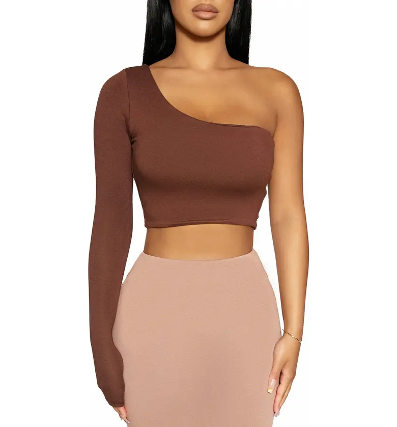 Naked Wardrobe One-Shoulder Stretch Crepe Jersey Crop Top_CHOCOLATE