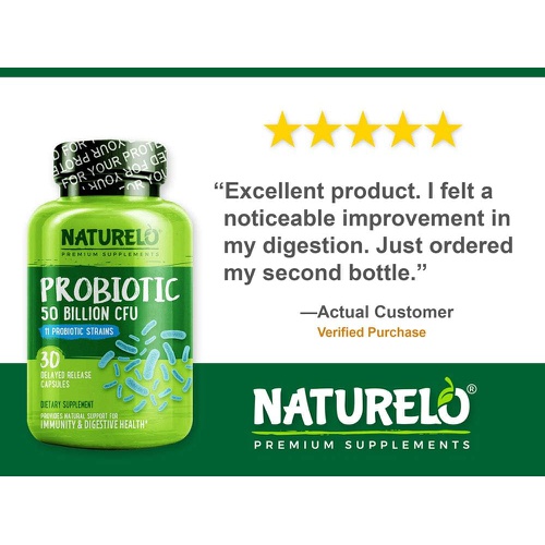  NATURELO Probiotic Supplement - 50 Billion CFU - 11 Strains - One Daily - Helps Support Digestive & Immune Health - Delayed Release - No Refrigeration Needed - 30 Vegan Capsules