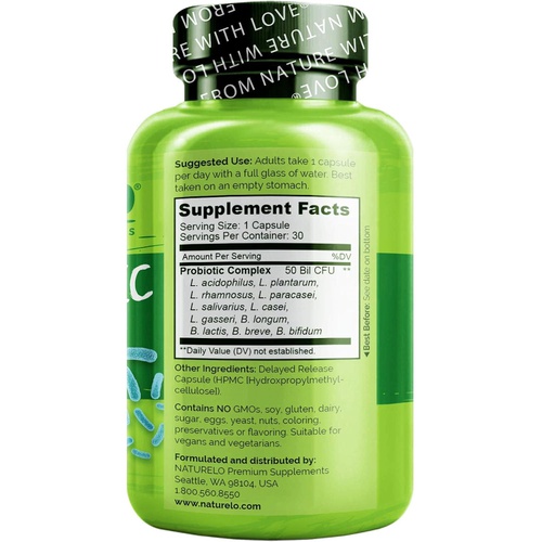  NATURELO Probiotic Supplement - 50 Billion CFU - 11 Strains - One Daily - Helps Support Digestive & Immune Health - Delayed Release - No Refrigeration Needed - 30 Vegan Capsules