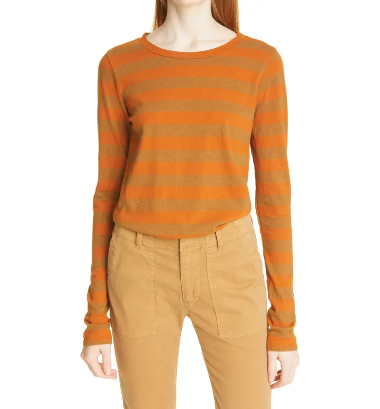 Nili Lotan Stripe Long Sleeve Cotton T-Shirt_KHAKI/ ORANGE STRIPE