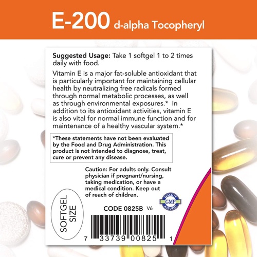  NOW Supplements, Vitamin E-200 IU, D-Alpha Tocopheryl, Antioxidant Protection*, 100 Softgels