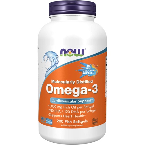  NOW Supplements, Omega-3 180 EPA / 120 DHA, Molecularly Distilled, Cardiovascular Support*, 200-Fish Gelatin Softgels