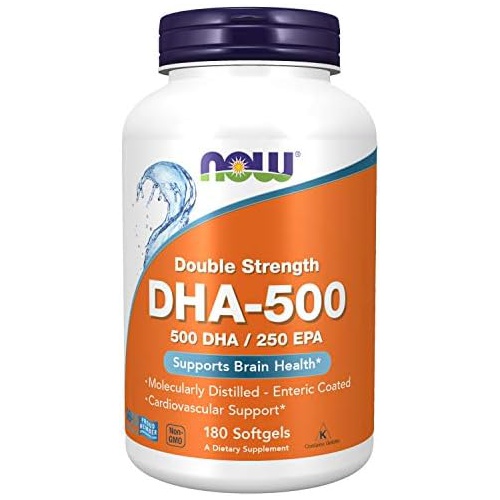  NOW Supplements, DHA-500 with 250 EPA, Molecularly Distilled, Supports Brain Health*, 180 Softgels