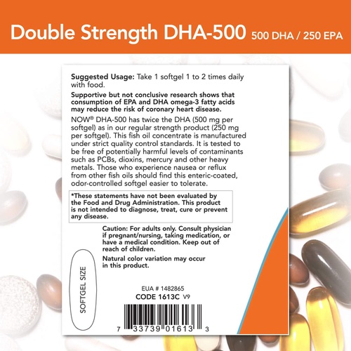  NOW Supplements, DHA-500 with 250 EPA, Molecularly Distilled, Supports Brain Health*, 180 Softgels