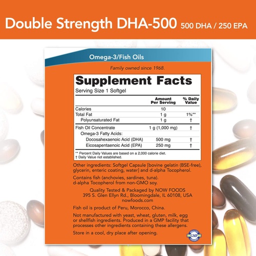  NOW Supplements, DHA-500 with 250 EPA, Molecularly Distilled, Supports Brain Health*, 180 Softgels